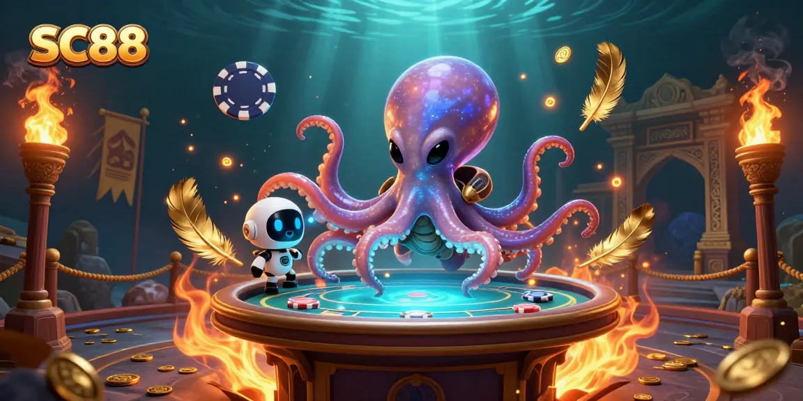 SC88 infographic featuring an alien octopus in a casino setting with poker elements.