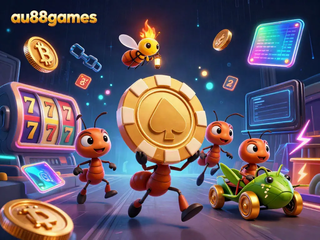 Experience exciting gameplay with au88games featuring a heist scene with ants, poker chip, and glowing casino elements.