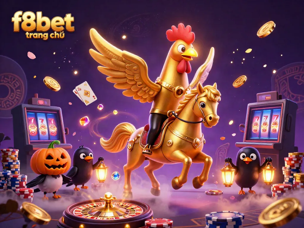 Experience f8bet trang chủ with a vibrant golden rooster in a mystical casino filled with treasures.