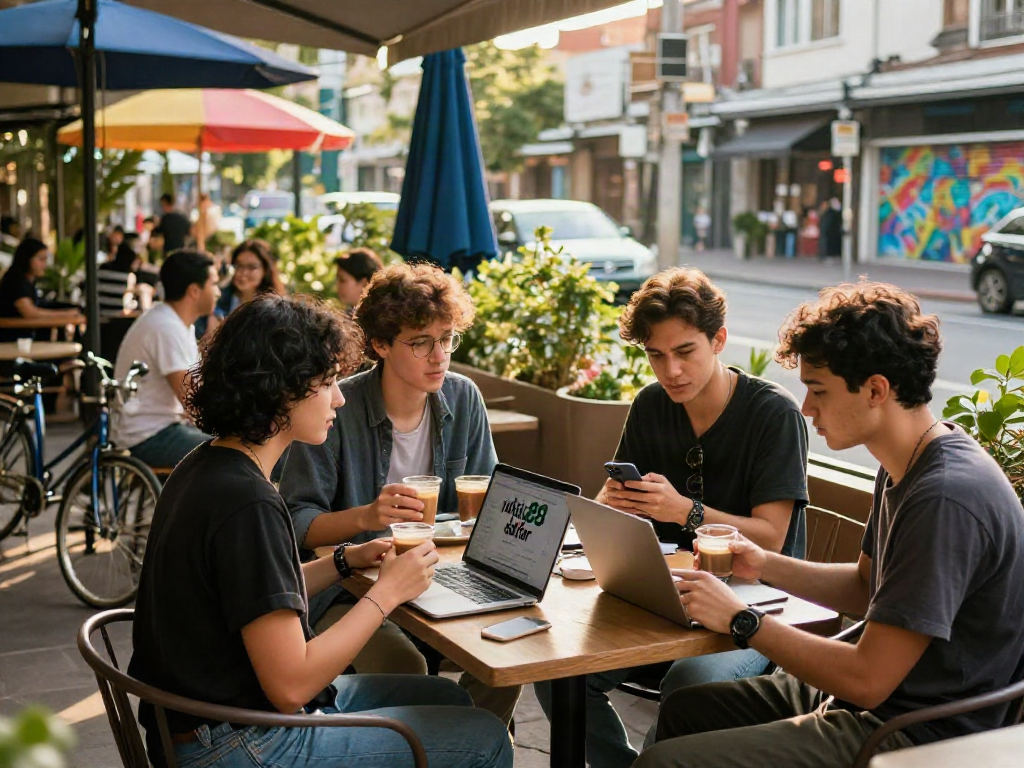 Group enjoying coffee at café discussing rokok88 daftar, featuring stylish outfits and vibrant outdoor ambiance.