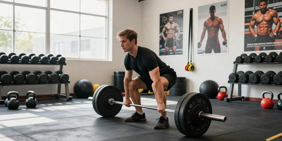 Training im Selliza Shop: Athlet hebt schwere Gewichte in hellem Fitnessstudio, umgeben von hochwertigem Trainingsequipment.