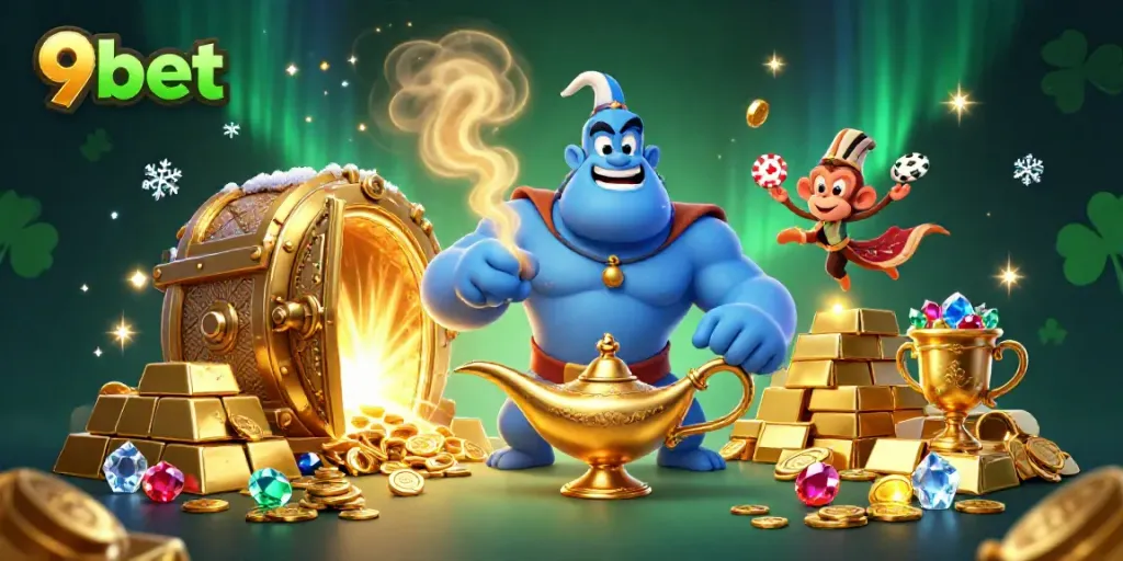 Engage with 9bet's lively 3D illustration featuring a genie and casino treasures.