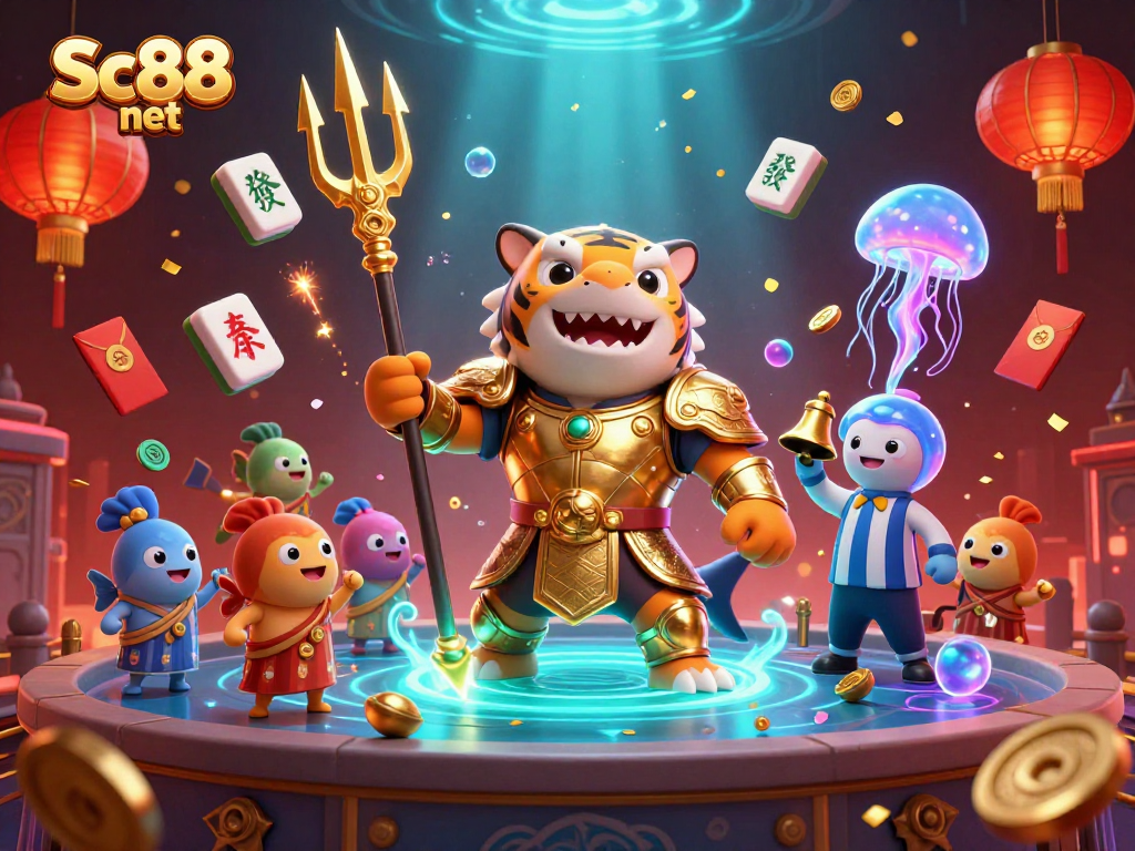 Experience the excitement of Sc88 net with a dynamic underwater casino scene featuring unique characters and game elements.