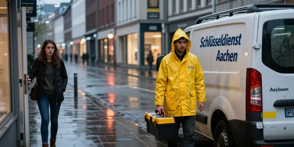 Schlüsseldienst Aachen - schneller Notdienst bei Regen in Aachen mit einem Besorgten vor verschlossener Tür