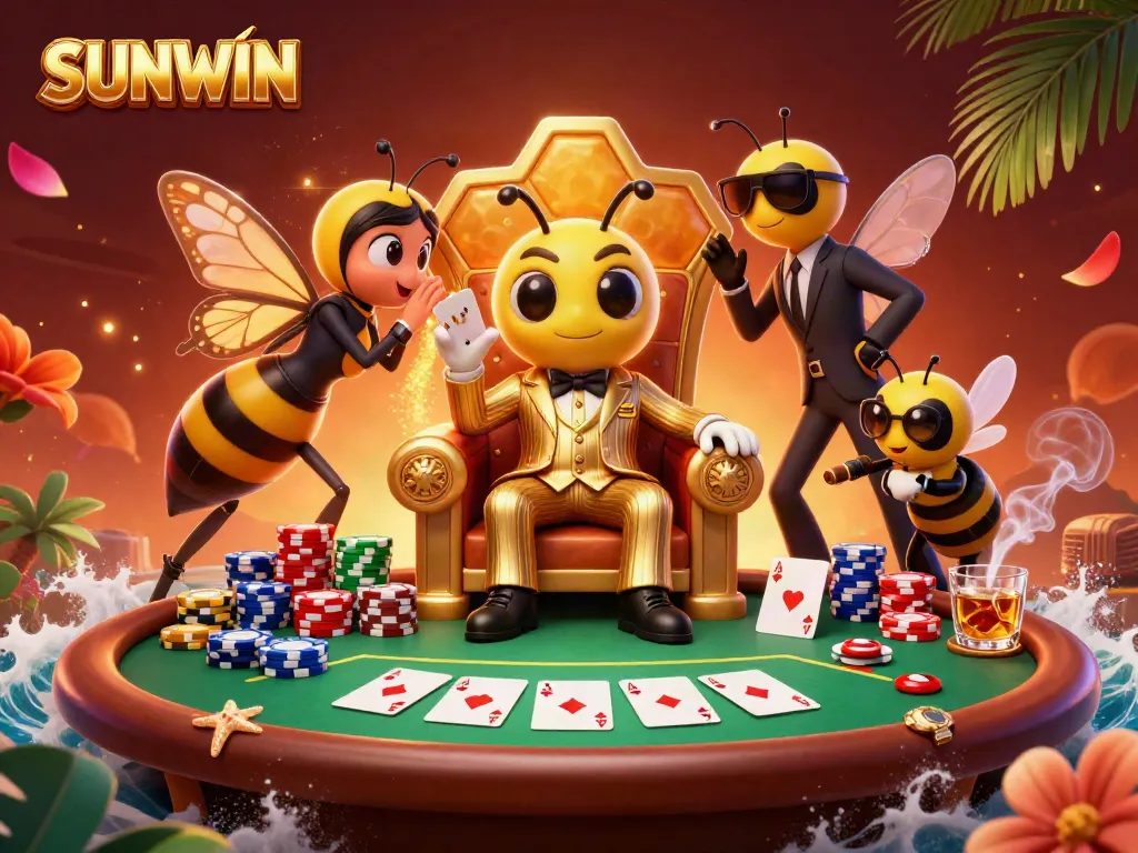 SUNWIN offers an engaging poker scene featuring a cartoon bumblebee mob boss and vibrant poker elements.
