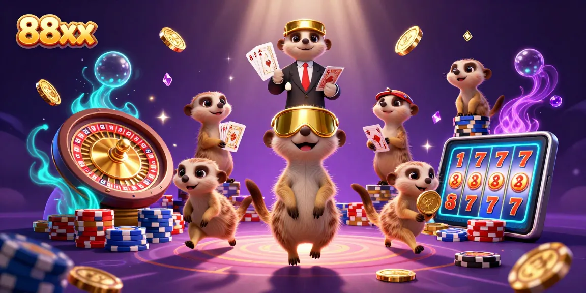 Engage with 88xx through a lively meerkat casino scene featuring exciting games and vibrant energy.