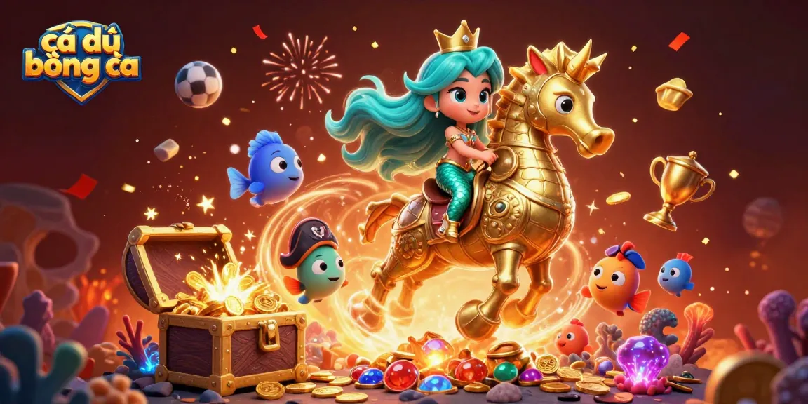 Cá độ bóng đá themed illustration with a mermaid princess and vibrant sports elements for betting excitement.