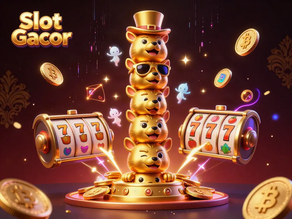 Spin big with Slot Gacor in this vibrant 3D casino scene filled with colorful game elements.