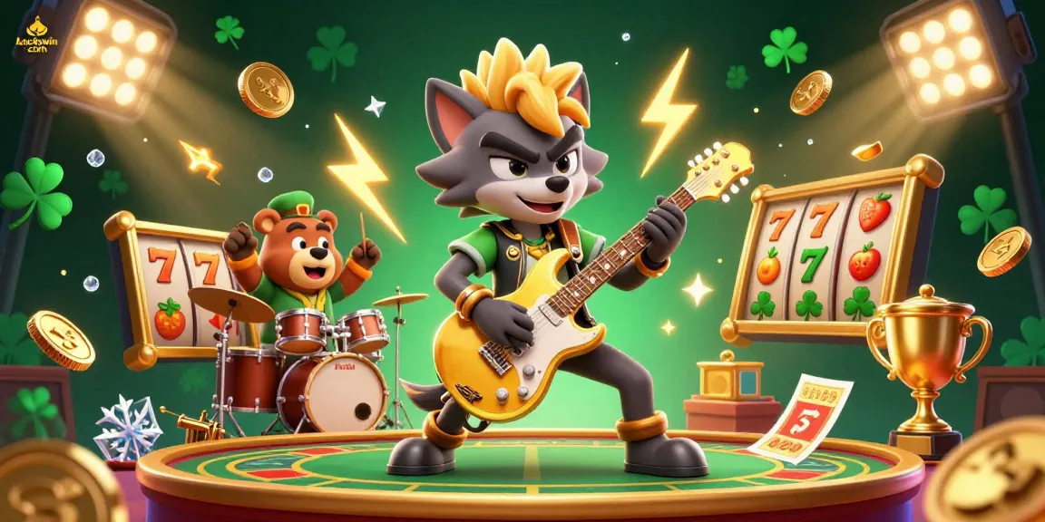 Experience the thrill of gaming with Luckywin com, featuring a rock star wolf and vibrant casino elements.