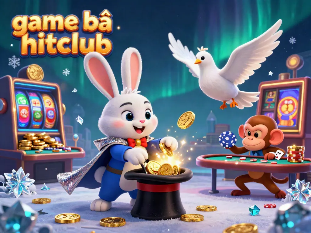 Win big with exciting game bài hitclub, featuring a cartoon rabbit magician and vibrant casino elements.