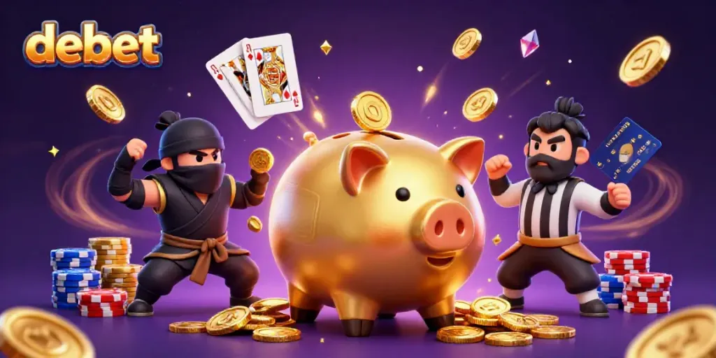 Experience the vibrant excitement of debet with a golden piggy bank, coins, and thrilling gaming elements.