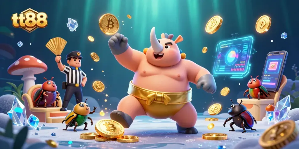 Experience thrilling wins at tt88 with cartoon beetles and crypto coins in an action-packed scene.