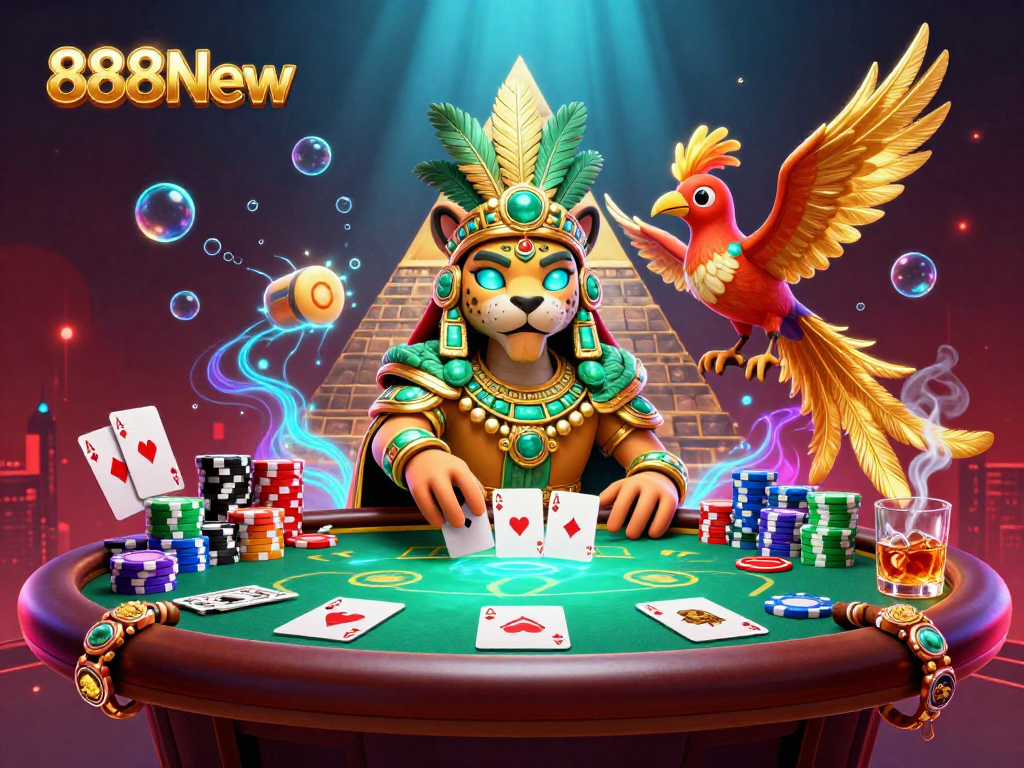 Experience the thrill of 888New with vibrant casino action featuring a Mayan jaguar priest and poker elements.