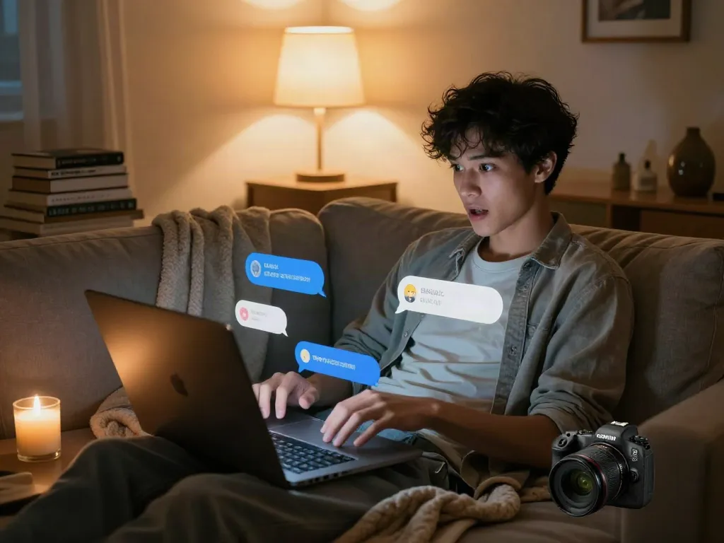 Engaging in horny AI chat on a laptop in a cozy, intimate room.