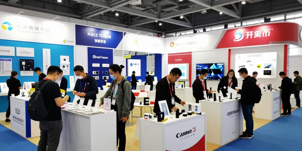 Dynamic trade show scene with Aussteller showcasing products and engaging visitors.
