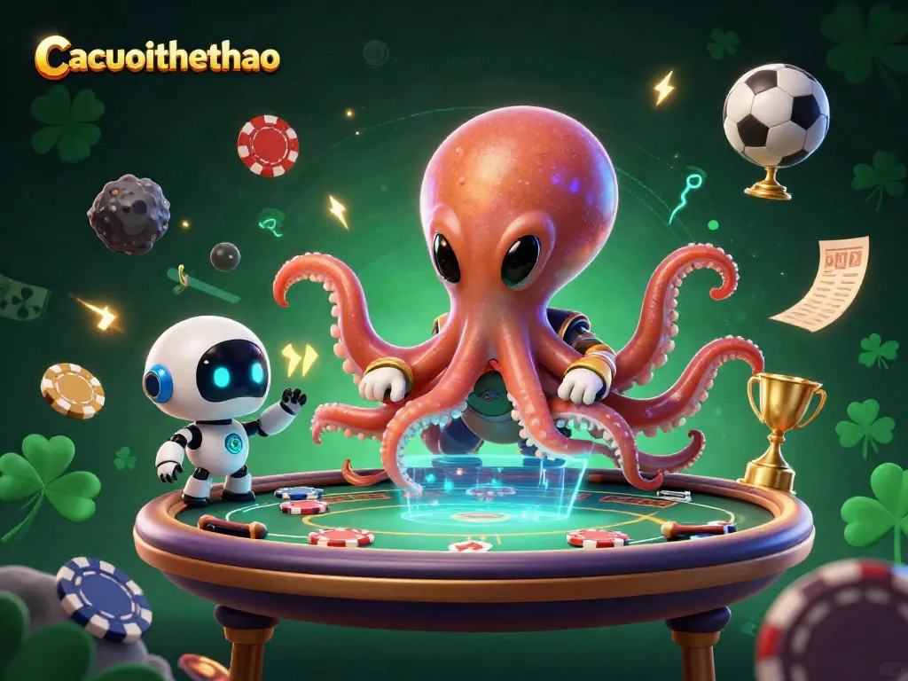 Enjoy sports betting excitement with Cacuocthethao as an alien octopus commands a holographic table.
