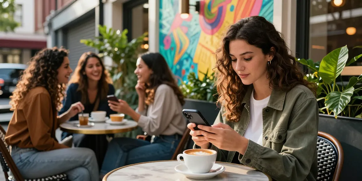 Deutsche Instagram Follower kaufen im urbanen Café mit Influencerin, die auf Smartphone interagiert