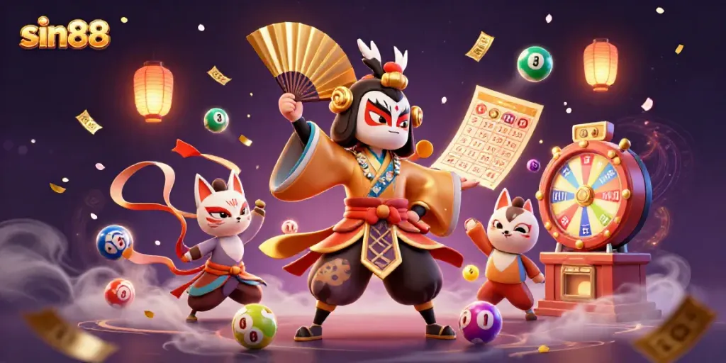 Spin the lottery with sin88, featuring a kabuki warrior and colorful game elements in a vibrant 3D scene.