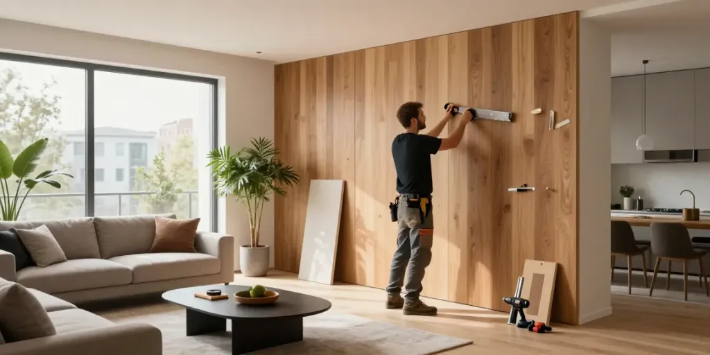 Innenausbau Augsburg: Handwerker installiert hochwertige Holzverkleidung in modernem Wohnraum.