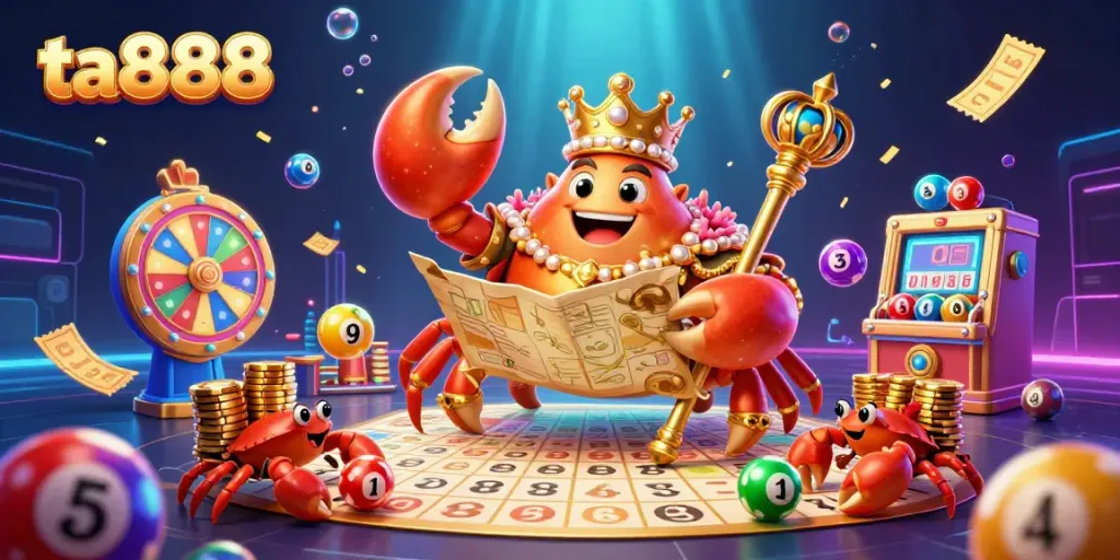 Join the excitement of ta888 with dynamic lottery elements and a golden crab emperor in this vibrant casino scene.