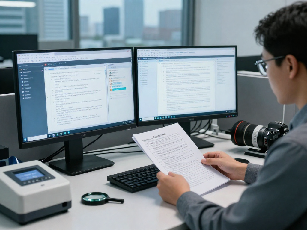 Compliance analyst performing document fraud detection analysis with AI tools in a modern office