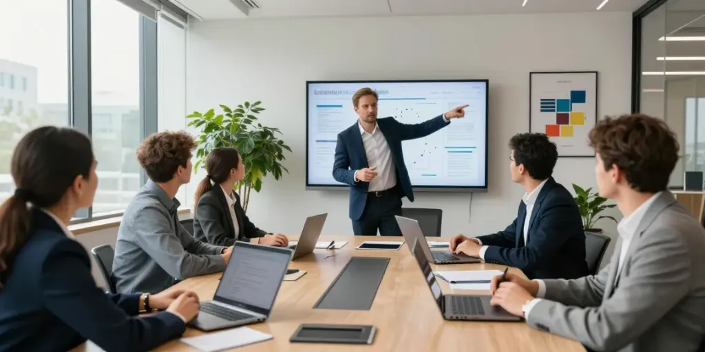 Thomas Ketschler leitet ein Teammeeting in einem modernen Büro mit dynamischer Präsentation und engagierten Teilnehmern.