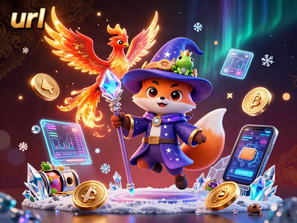Experience gaming with url in this vibrant 3D illustration featuring a whimsical wizard and cryptos.