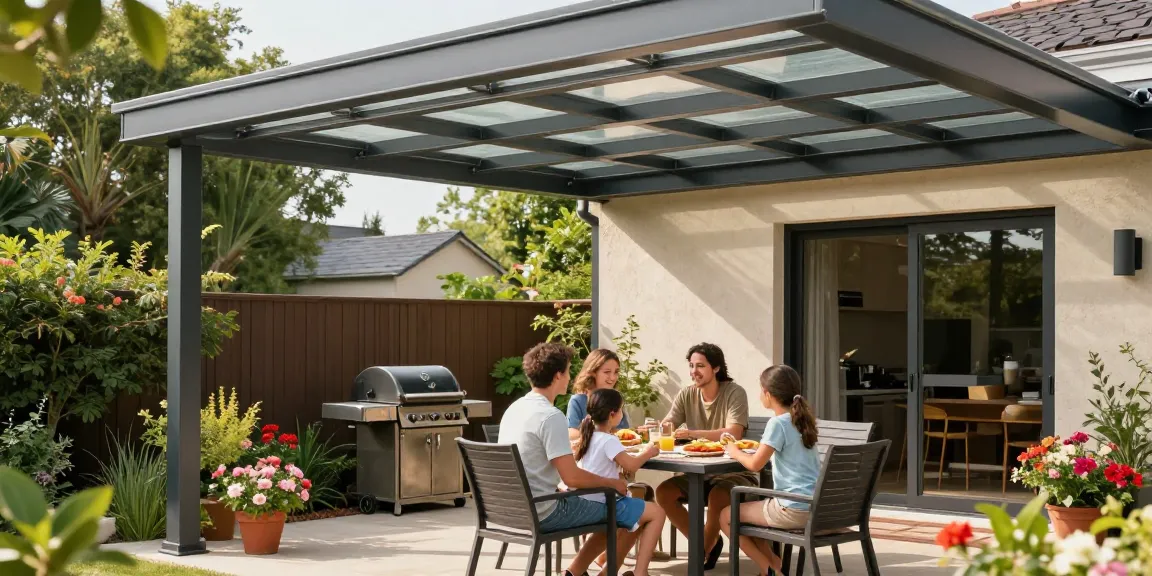 Moderne Terrassenüberdachung bietet Schatten und Gemütlichkeit für die Familie an einem sonnigen Tag.