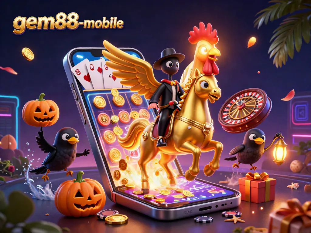 Experience excitement with gem88-mobile as the golden rooster rides through a vibrant midnight casino.