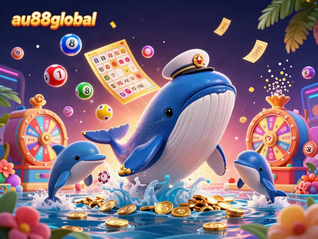 Experience the excitement of gaming with au88global, featuring a whale and playful dolphins amidst vibrant lottery elements.