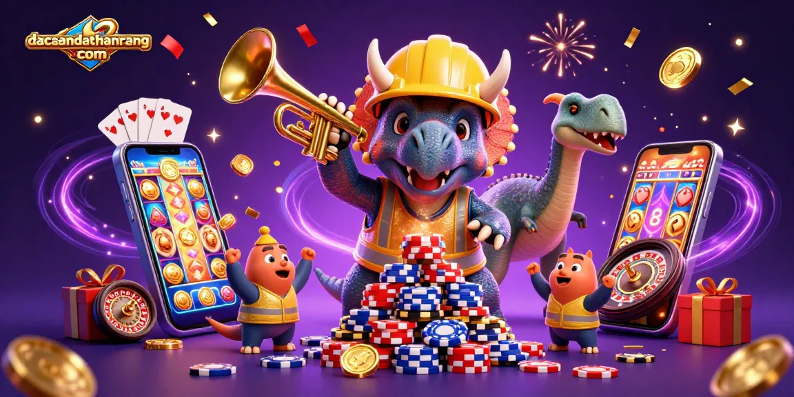 Win big at dacsandatphanrang com with a vibrant 3D casino celebration featuring animated dinosaurs and slot games.