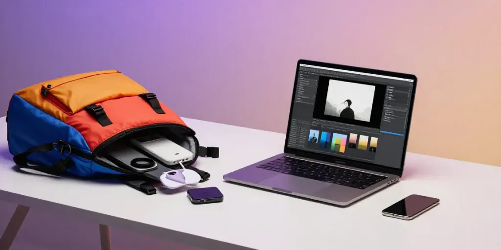 Rucksack bunt in einem modernen Büro mit technologischen Geräten und Optimierung.