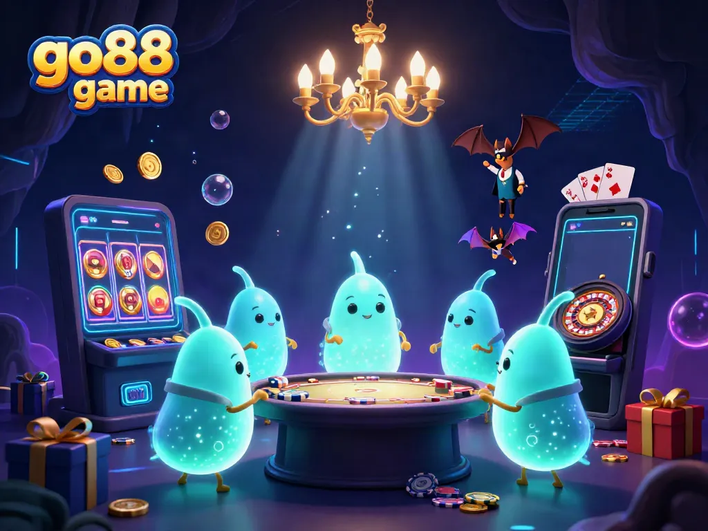 Engage with the go88 game through a dynamic 3D scene featuring luminescent characters and casino elements.