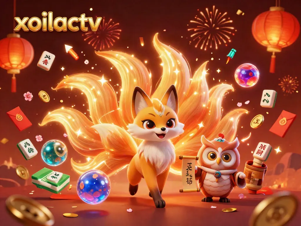 Xoilactv captures excitement with a vibrant nine-tailed fox spirit, wise owl, and festive gaming elements.
