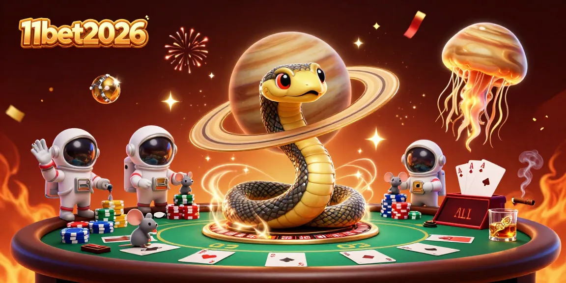 Get ready to experience the thrilling world of 11bet2026 with a 3D illustration featuring vibrant cosmic characters and rich casino elements.