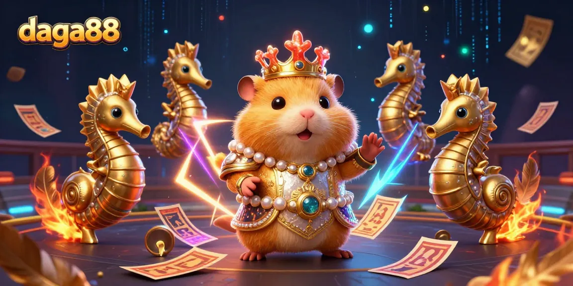 Experience real-time cockfighting excitement with daga88's dynamic illustration of a hamster king and coral crown.