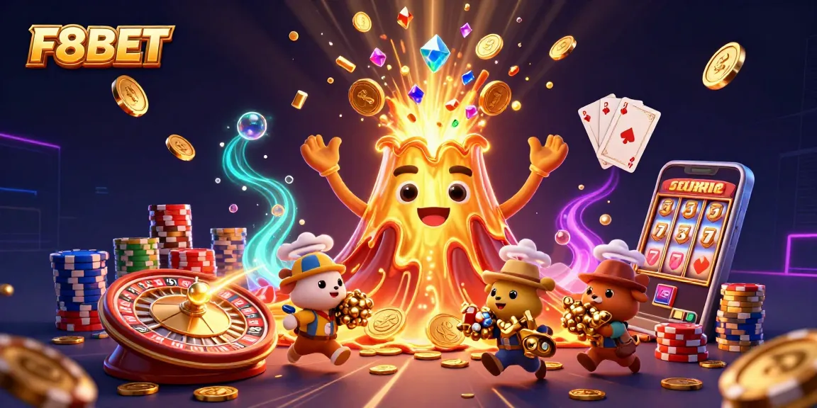 F8BET players celebrating as the golden volcano erupts coins and treasures in a vibrant casino scene.