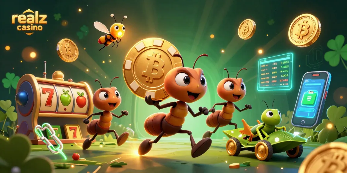 Experience thrilling slots at realz casino, with animated ants heisting a giant poker chip amidst playful game elements.