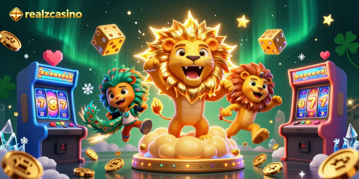 Erlebe spannende Aktionen bei realzcasino mit fröhlichen Slotspielen und goldenen Würfeln im Hintergrund.