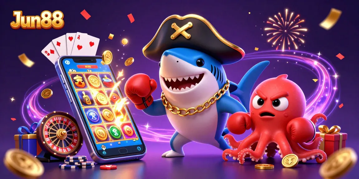 Experience thrilling gameplay at Jun88 with a dynamic gaming scene featuring colorful slot games and exciting characters.