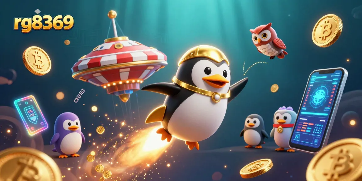 Experience thrilling adventures with rg8369 as a golden penguin navigates a cosmic casino landscape.