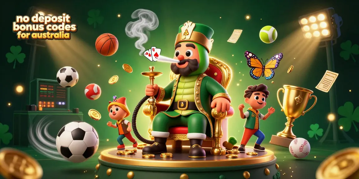No deposit bonus codes for australia illustrated with a quirky caterpillar smoking poker symbols and vibrant casino elements.