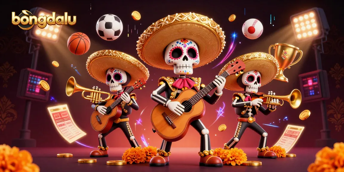 Experience bongdalu's thrilling vibe with mariachi skeletons amidst vibrant sports action and betting excitement.