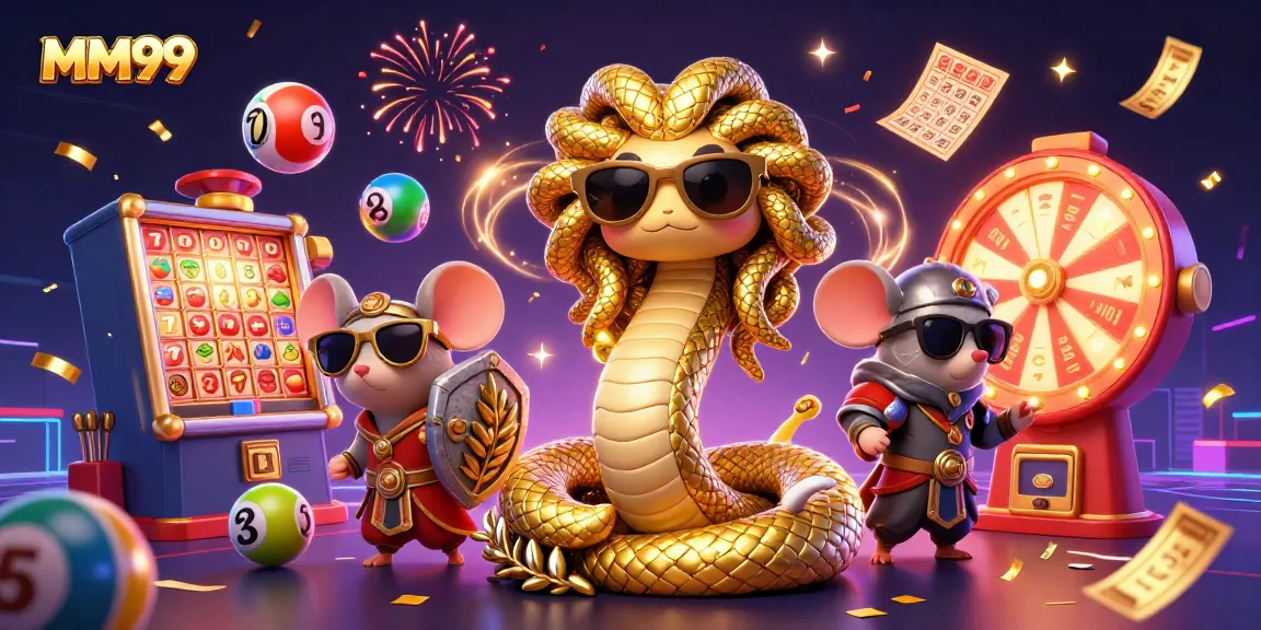 Experience MM99 with this captivating 3D illustration of a friendly Medusa, a warrior mouse, exciting slot games, and vibrant lottery elements.