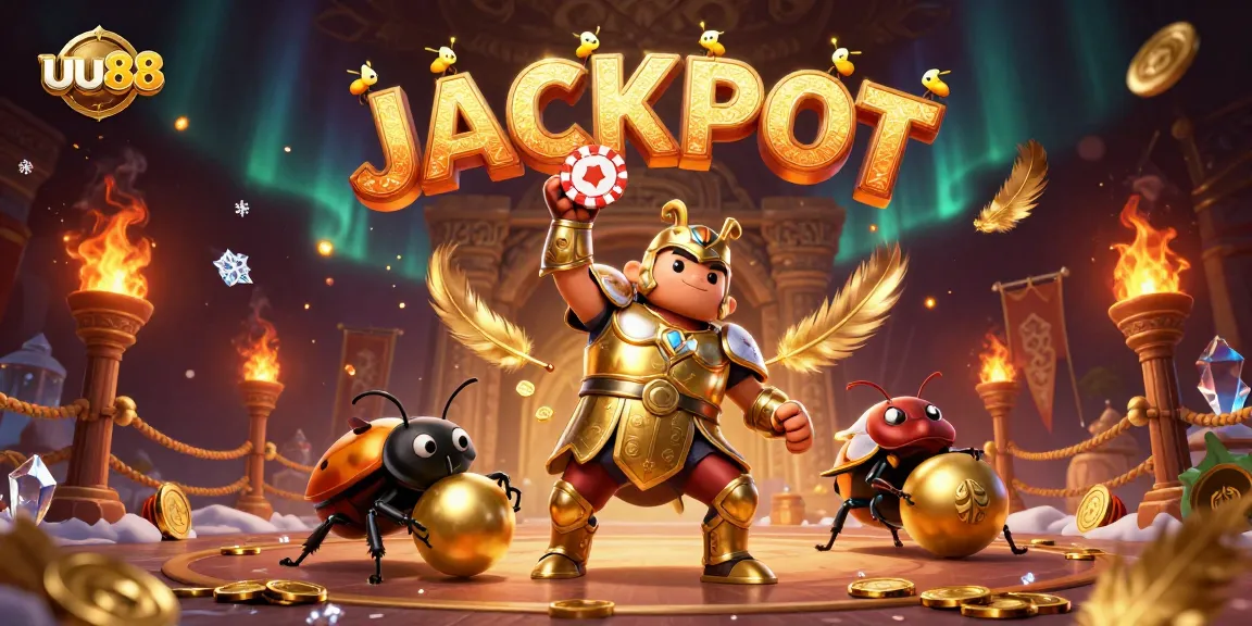 uu88's winning beetle warriors triumph in an epic casino showdown amidst gold and excitement.