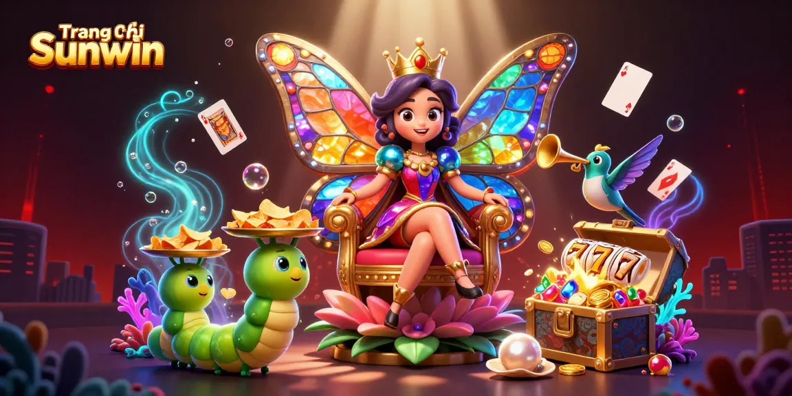 Experience winning with Trang chủ Sunwin through a vibrant, dynamic gambling scene featuring a butterfly queen and lively casino elements.