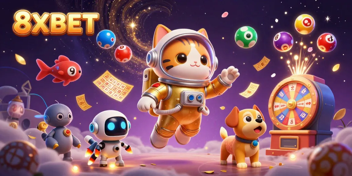 Illustration showcasing the exciting online gaming world of 8XBET with dynamic lottery themes.