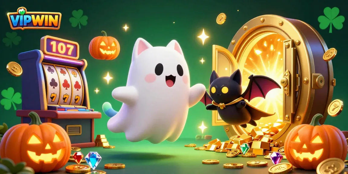 Join the fun at VIPWIN as you spin through the haunted casino with a ghost cat and bat companion!