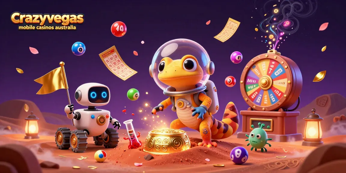 Engage with crazyvegas mobile casinos australia featuring vibrant games and a playful Martian gecko in a golden casino.