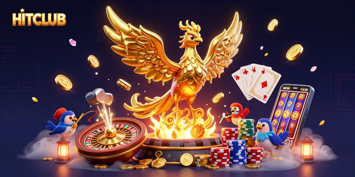 Experience HITCLUB's dynamic gameplay with cascading coins, golden phoenix, and vibrant casino elements.